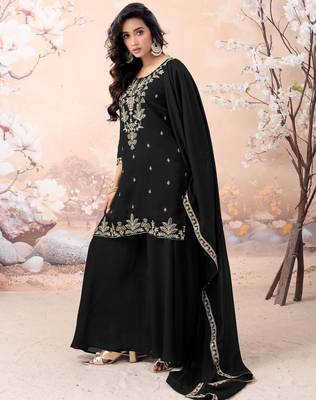 Vichitra silk embroidery & sequins work fancy kurta palazzo dupatta set for women  4