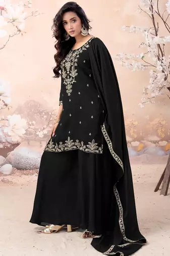 vichitra silk embroidery & sequins work fancy kurta palazzo dupatta set for women 