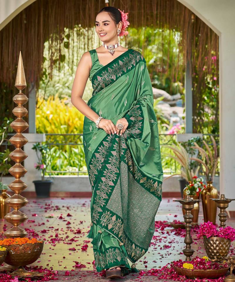 Women emerald green silk blend banarasi jacquard woven saree with blouse