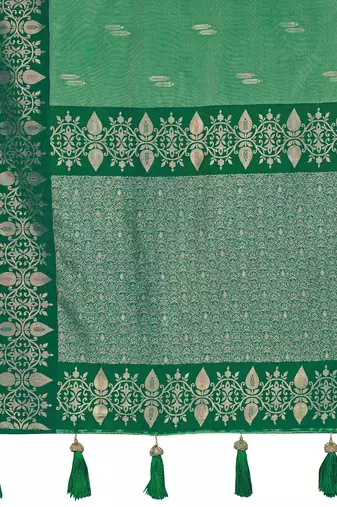 Women emerald green silk blend banarasi jacquard woven saree with blouse