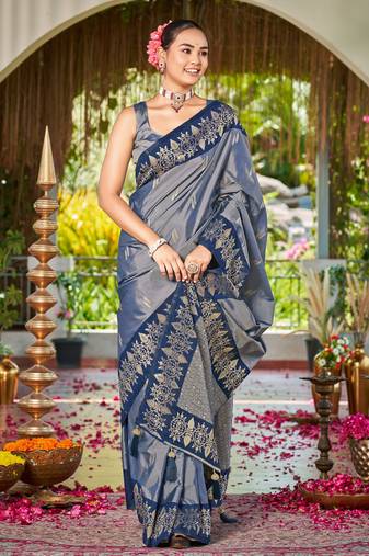 Women steel grey silk blend banarasi jacquard woven saree with blouse