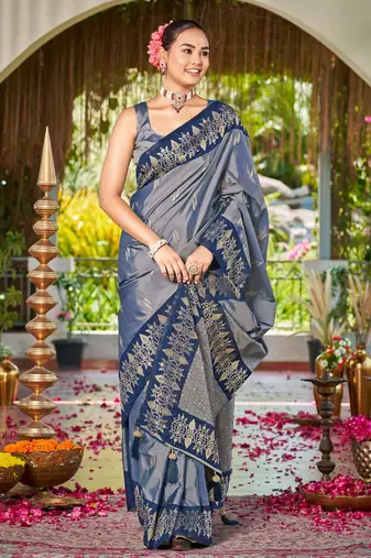 Women steel grey silk blend banarasi jacquard woven saree with blouse