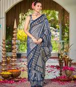 Women steel grey silk blend banarasi jacquard woven saree with blouse