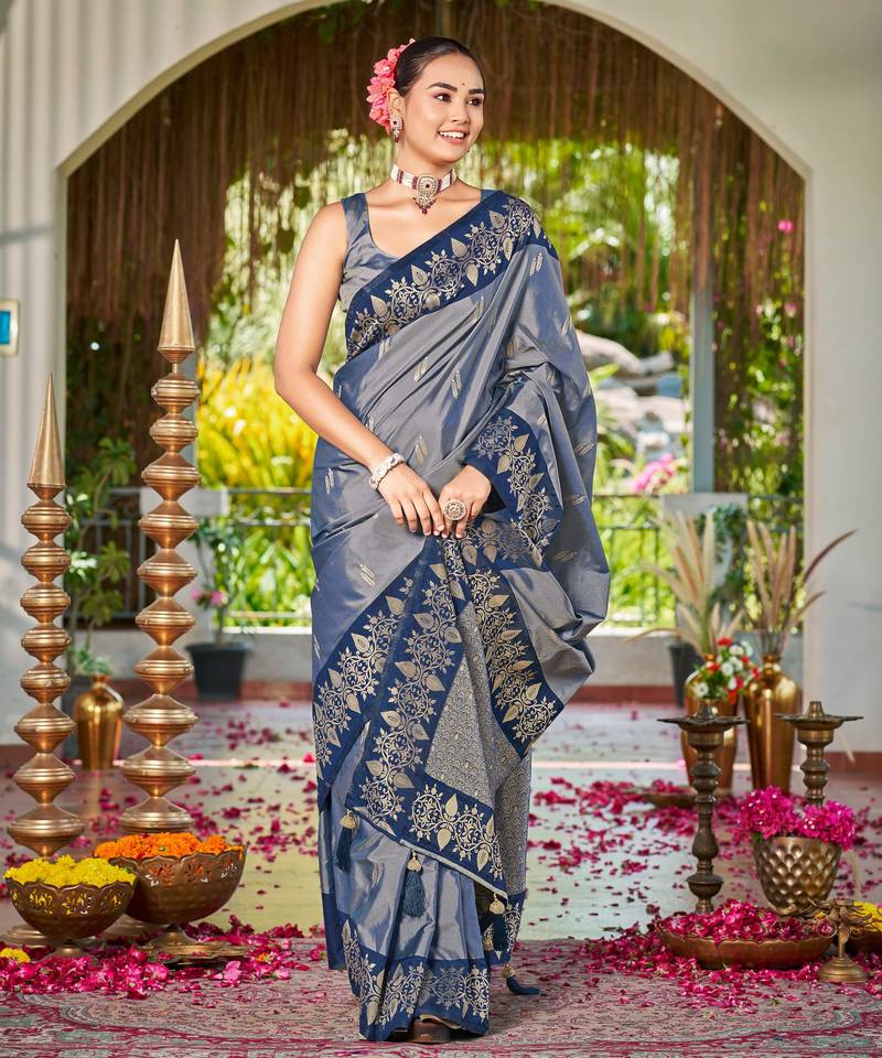Women steel grey silk blend banarasi jacquard woven saree with blouse