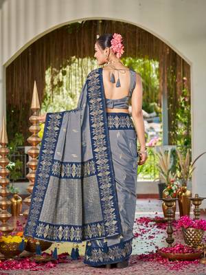 Women steel grey silk blend banarasi jacquard woven saree with blouse 2