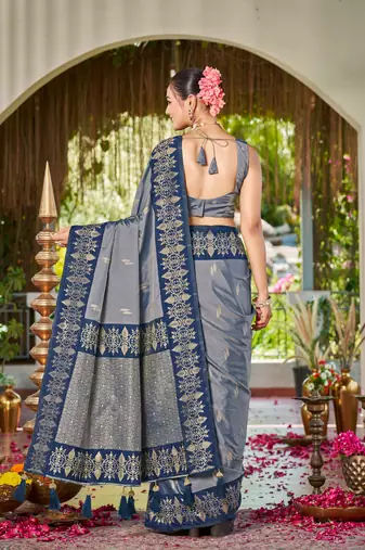 Women steel grey silk blend banarasi jacquard woven saree with blouse