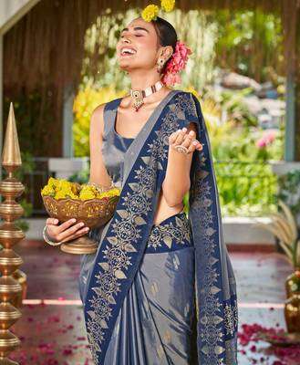 Women steel grey silk blend banarasi jacquard woven saree with blouse 3