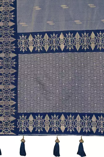 Women steel grey silk blend banarasi jacquard woven saree with blouse