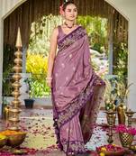 Women dusty mauve silk blend banarasi jacquard woven saree with blouse