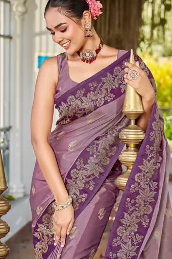 Women dusty mauve silk blend banarasi jacquard woven saree with blouse