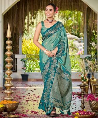 Women sea green silk blend banarasi jacquard woven saree with blouse 1