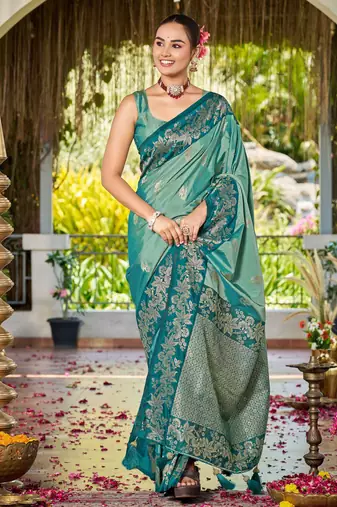 Women sea green silk blend banarasi jacquard woven saree with blouse