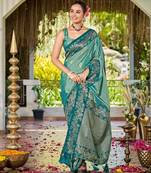 Women sea green silk blend banarasi jacquard woven saree with blouse