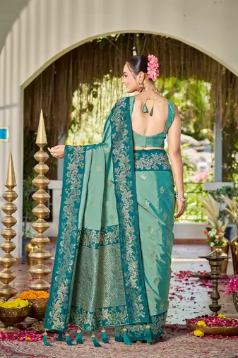 Women sea green silk blend banarasi jacquard woven saree with blouse