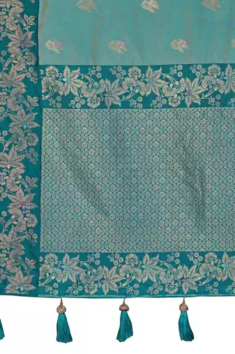 Women sea green silk blend banarasi jacquard woven saree with blouse