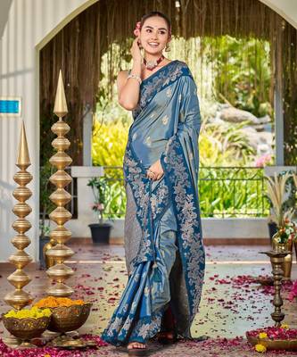 Women teal blue silk blend banarasi jacquard woven saree with blouse 1