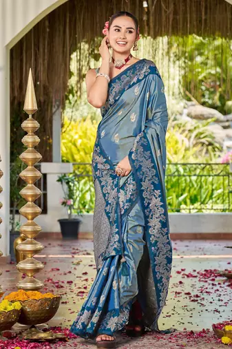Women teal blue silk blend banarasi jacquard woven saree with blouse