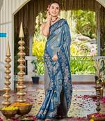 Women teal blue silk blend banarasi jacquard woven saree with blouse
