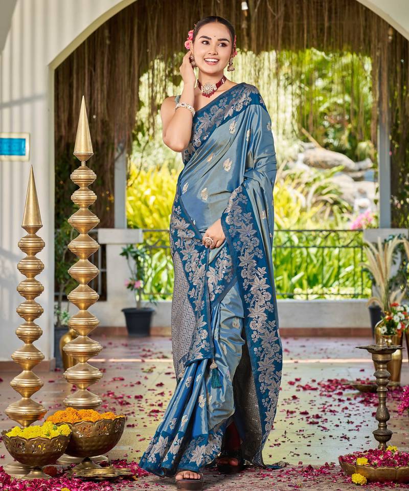 Women teal blue silk blend banarasi jacquard woven saree with blouse