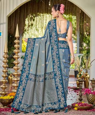 Women teal blue silk blend banarasi jacquard woven saree with blouse 2