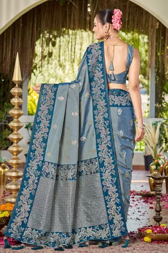 Women teal blue silk blend banarasi jacquard woven saree with blouse