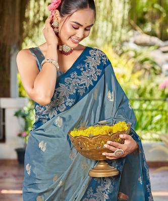 Women teal blue silk blend banarasi jacquard woven saree with blouse 3