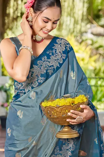 Women teal blue silk blend banarasi jacquard woven saree with blouse