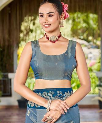 Women teal blue silk blend banarasi jacquard woven saree with blouse 4