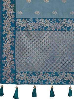 Women teal blue silk blend banarasi jacquard woven saree with blouse 5