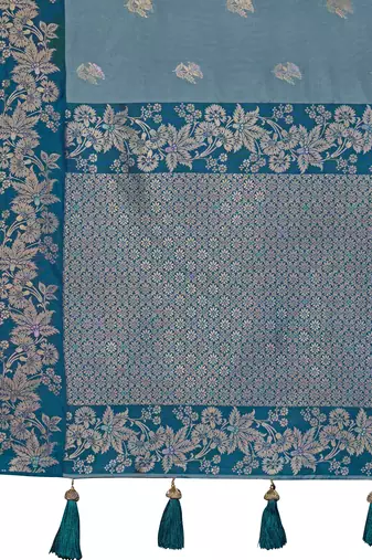 Women teal blue silk blend banarasi jacquard woven saree with blouse