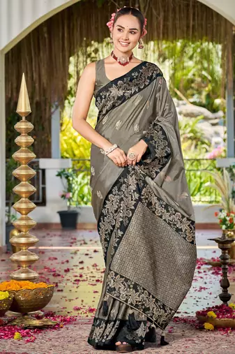 Women olive grey silk blend banarasi jacquard woven saree with blouse