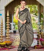Women olive grey silk blend banarasi jacquard woven saree with blouse