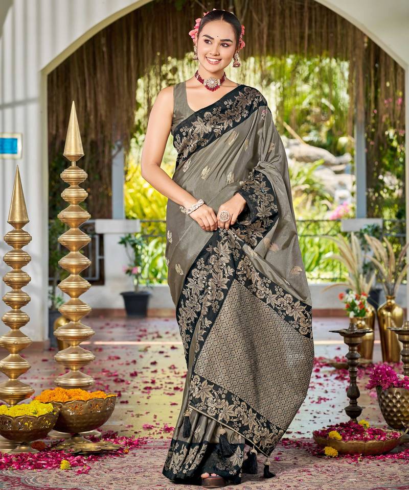 Women olive grey silk blend banarasi jacquard woven saree with blouse