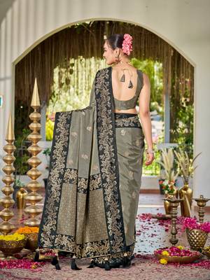 Women olive grey silk blend banarasi jacquard woven saree with blouse 2