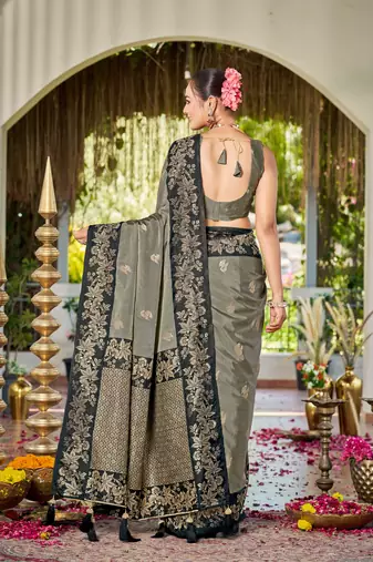 Women olive grey silk blend banarasi jacquard woven saree with blouse