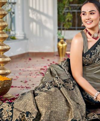 Women olive grey silk blend banarasi jacquard woven saree with blouse 3