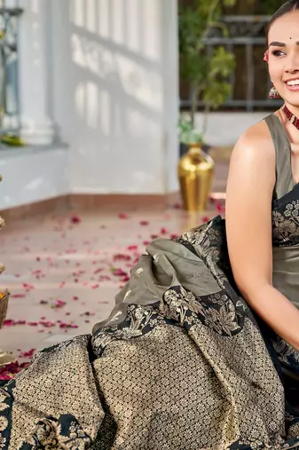 Women olive grey silk blend banarasi jacquard woven saree with blouse