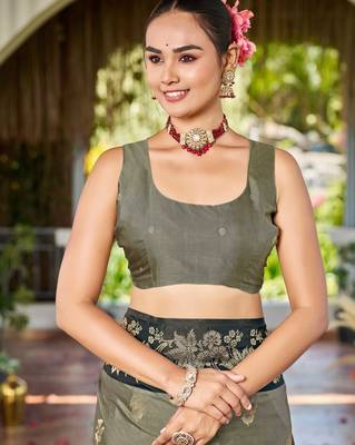 Women olive grey silk blend banarasi jacquard woven saree with blouse 4