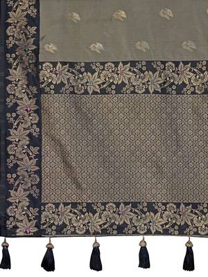 Women olive grey silk blend banarasi jacquard woven saree with blouse 5