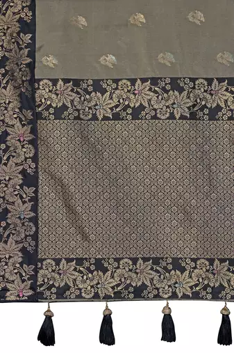 Women olive grey silk blend banarasi jacquard woven saree with blouse