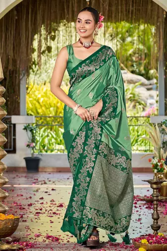Women emerald green silk blend banarasi jacquard woven saree with blouse