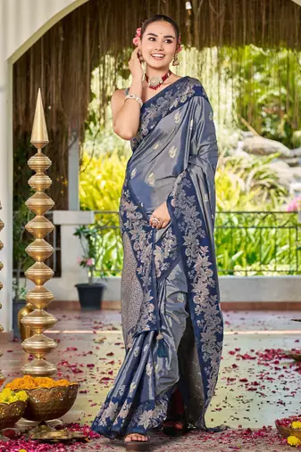 Women steel grey silk blend banarasi jacquard woven saree with blouse