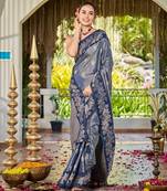Women steel grey silk blend banarasi jacquard woven saree with blouse