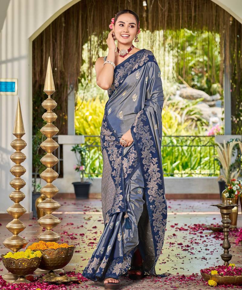 Women steel grey silk blend banarasi jacquard woven saree with blouse