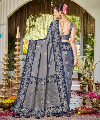 Women steel grey silk blend banarasi jacquard woven saree with blouse 2