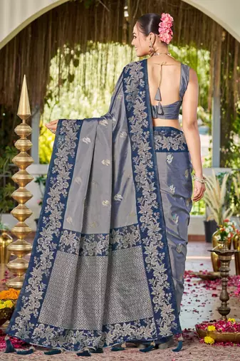 Women steel grey silk blend banarasi jacquard woven saree with blouse