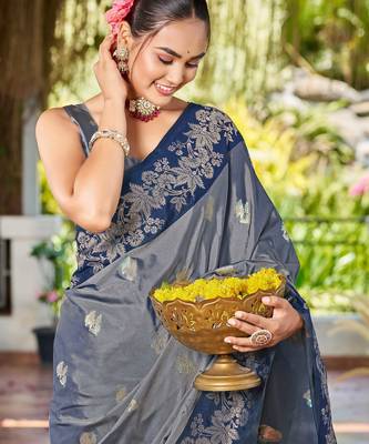 Women steel grey silk blend banarasi jacquard woven saree with blouse 3