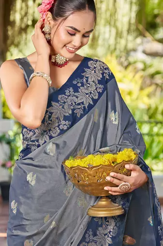 Women steel grey silk blend banarasi jacquard woven saree with blouse