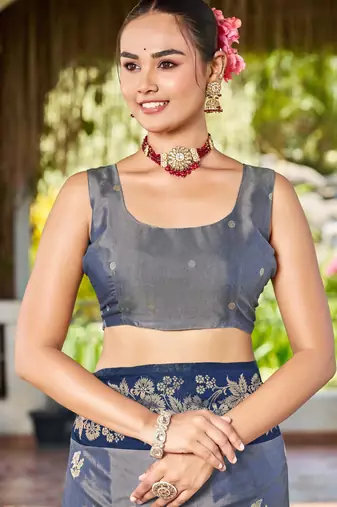 Women steel grey silk blend banarasi jacquard woven saree with blouse