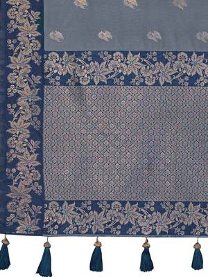 Women steel grey silk blend banarasi jacquard woven saree with blouse 5
